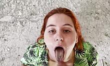 Sister gives a deepthroat blowjob in abandoned house